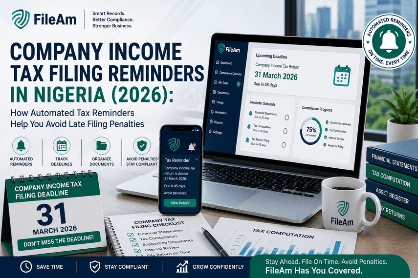 Professional illustration of FileAm's company income tax filing reminders dashboard helping Nigerian businesses avoid late filing penalties with automated tax reminders and compliance tracking.