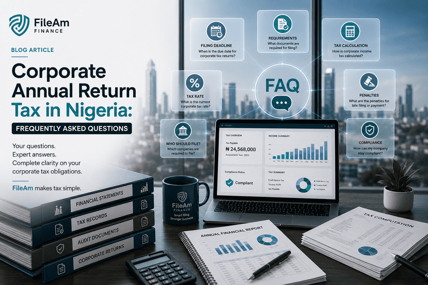 Illustration of corporate annual return tax in Nigeria faqs featuring a modern finance workspace, FAQ dashboard, tax compliance documents, filing deadlines, tax calculation, penalties, and corporate tax compliance tools by FileAm Finance.